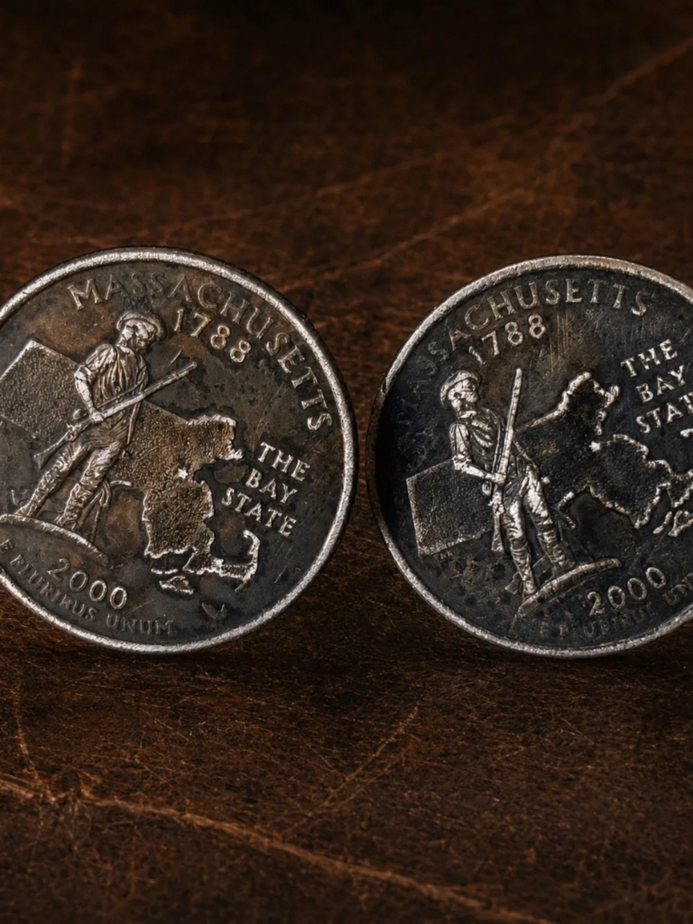 Handcrafted cufflinks made from genuine 2000 Massachusetts State Quarters,